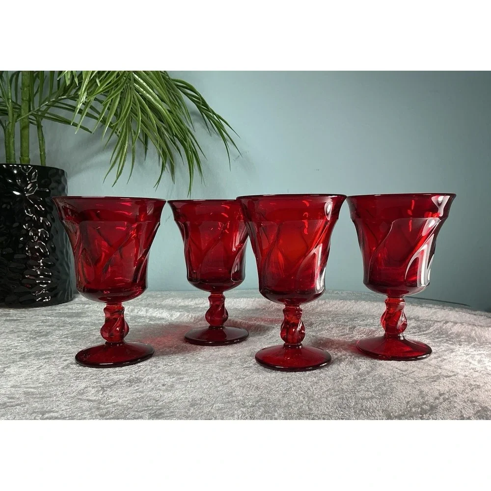 Vintage 4 Fostoria Jamestown Heavy Ruby Red Claret Wine Water Goblets Twist Stem
